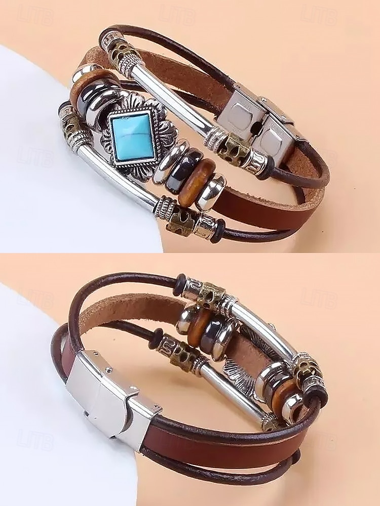Bracelet manchette en cuir turquoise pour homme avec tête de mort et accents métalliques, style bohème western, parfait pour un usage décontracté et quotidien de 2025 ? $9.99 –P6