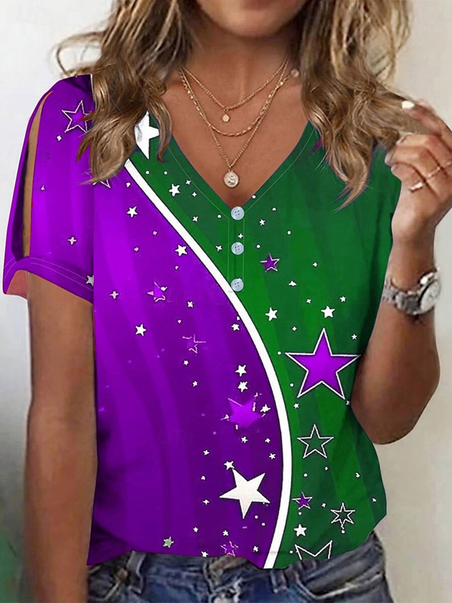 T-shirt patriote pour femmes graphique avec drapeau vintage stylé classique à manches courtes col en V hauts réguliers imprimé quotidien sortant week-end rouge violet vert été printemps de 2025 ? $27.99 –P2