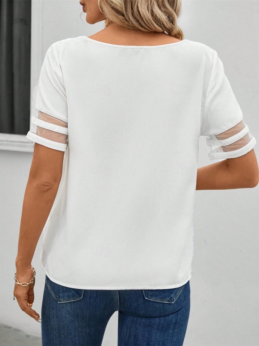 Dame Bluse Helfarge Stilfull Moderne Fritid Kortermet V-hals Vanlige topper Daglig Netting Lapper Hvit Sommer Vår 2025 - $19.99 –P2