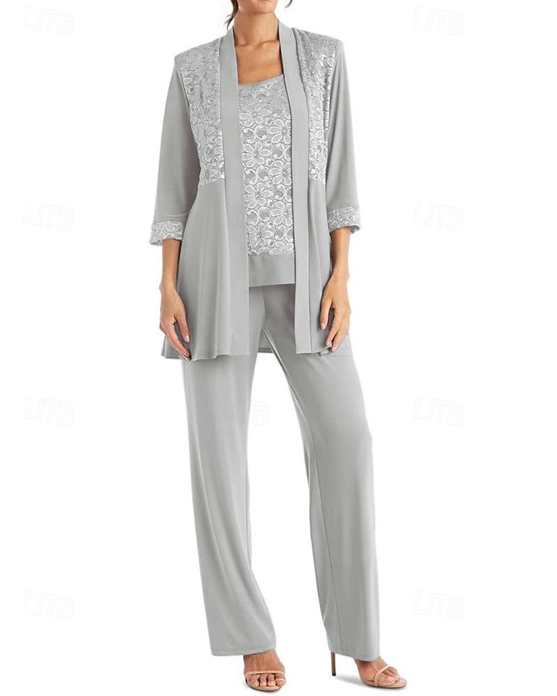 Overall / Hosenanzug Dreiteilig Hosenanzug Brautmutterkleid Elegant Vintage Einfach U-Boot-Ausschnitt Knöchellänge Stretch Chiffon Halbarm mit Spitze Paillette Stickerei 2025 2025 - $129.99 –P5