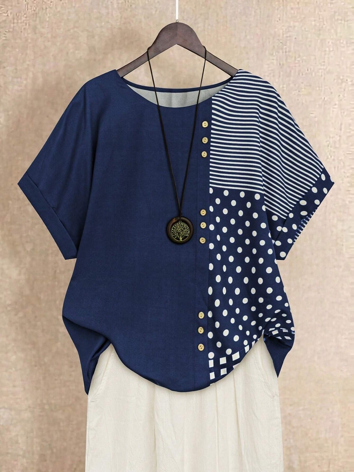 Dame Bluse Grafisk Polkadotter Stripet Grunnleggende Kortermet Crew-hals Vanlige topper Ferie Knapper Trykt mønster Svart Navyblå Grønn Sommer Vår 2025 - $26.99 –P1