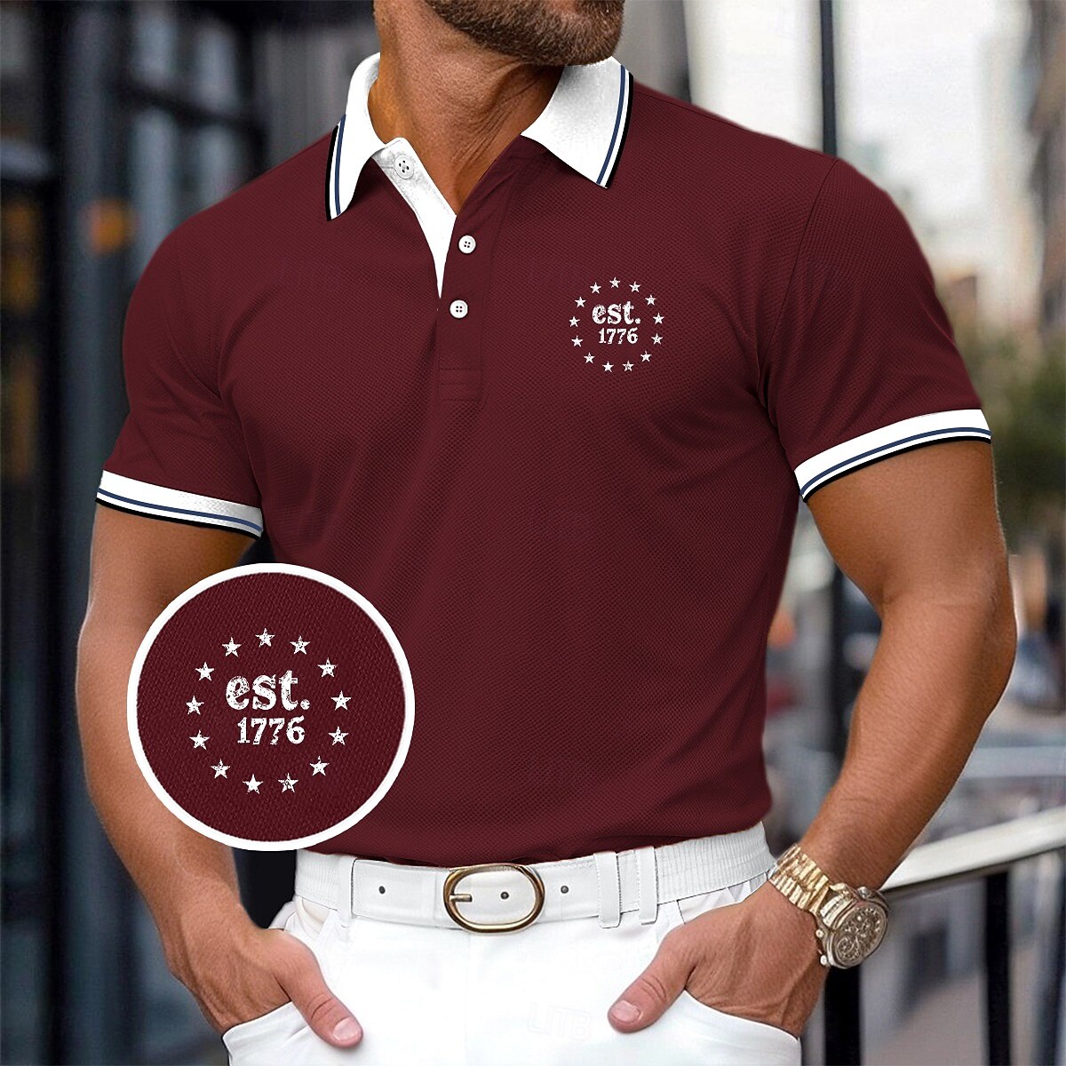 Férfi Golfing Hétköznapi Sport Hajtóka Bordás pólógallér Rövid ujjú Alap Modern Színes Sas Kollázs Gombok Nyár Sárga Rubin Sötétkék Szürke Golfing 2025 - $23.99 –P8