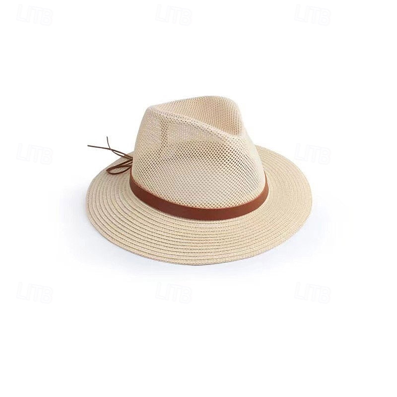 Zomerse cowboyhoed met grote rand, gebreid met net, platte rand, bescherming tegen de zon, opvouwbare herenhoed, strandhoed, casual 2025 - $12.49 –P3