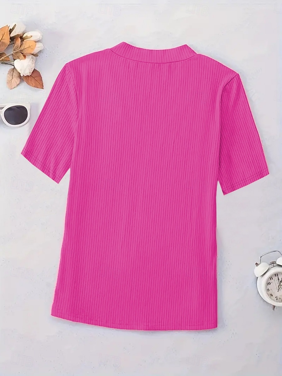 Femmes T-shirt Couleur Unie Mode Élégant Classique Manche Courte Col en V Hauts Réguliers Quotidien Week-end Noir Vin Rouge Bleu Fuchsia Été de 2025 ? $18.99 –P12