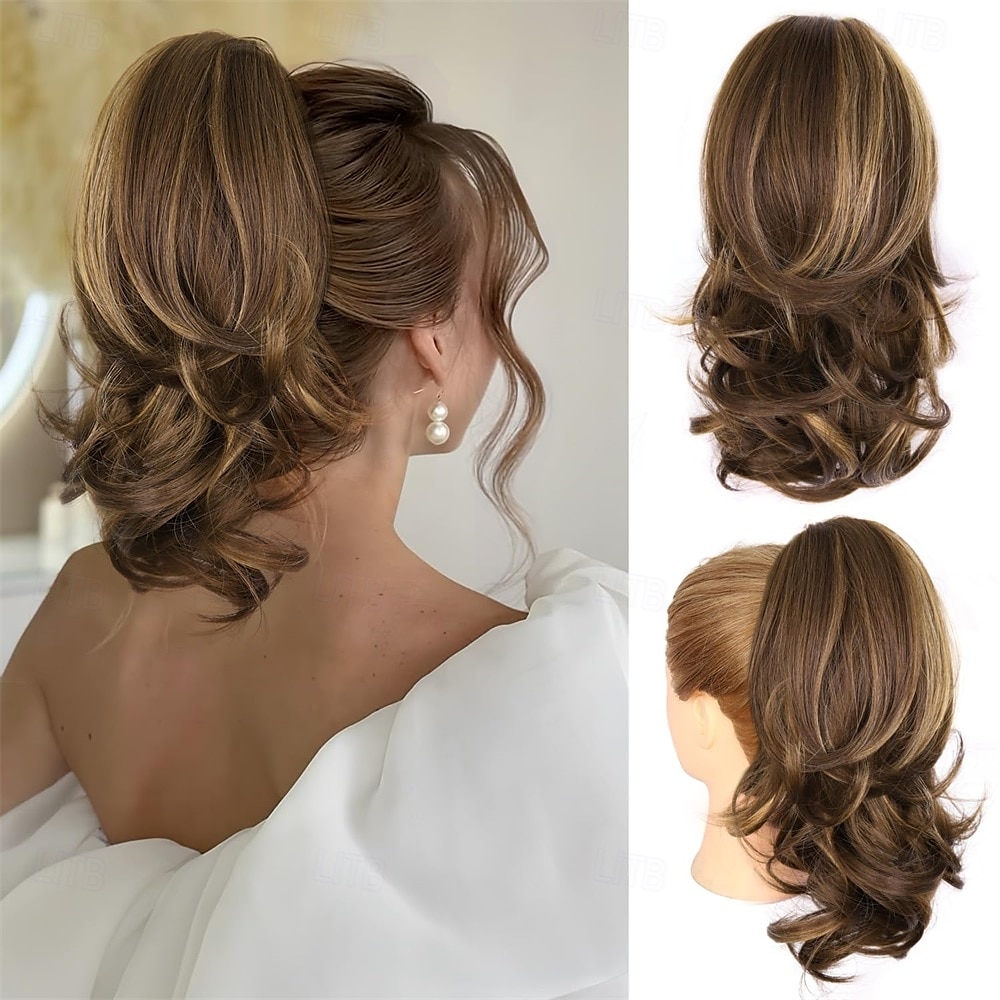 Extension de queue de cheval blonde de 14 pouces - extensions de cheveux ondulées en queue de cheval à pince, extensions de cheveux synthétiques, queue de cheval à clipser, queues de cheval pour de 2025 ? $11.49 –P2