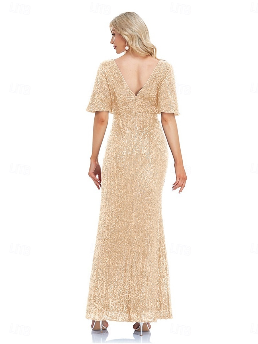 Abiti da festa per quindici anni sirena  tromba abito elegante formale da matrimonio lunghezza a terra maniche corte scollatura a V poliestere con glitter del 2025 a $99.99 –P13