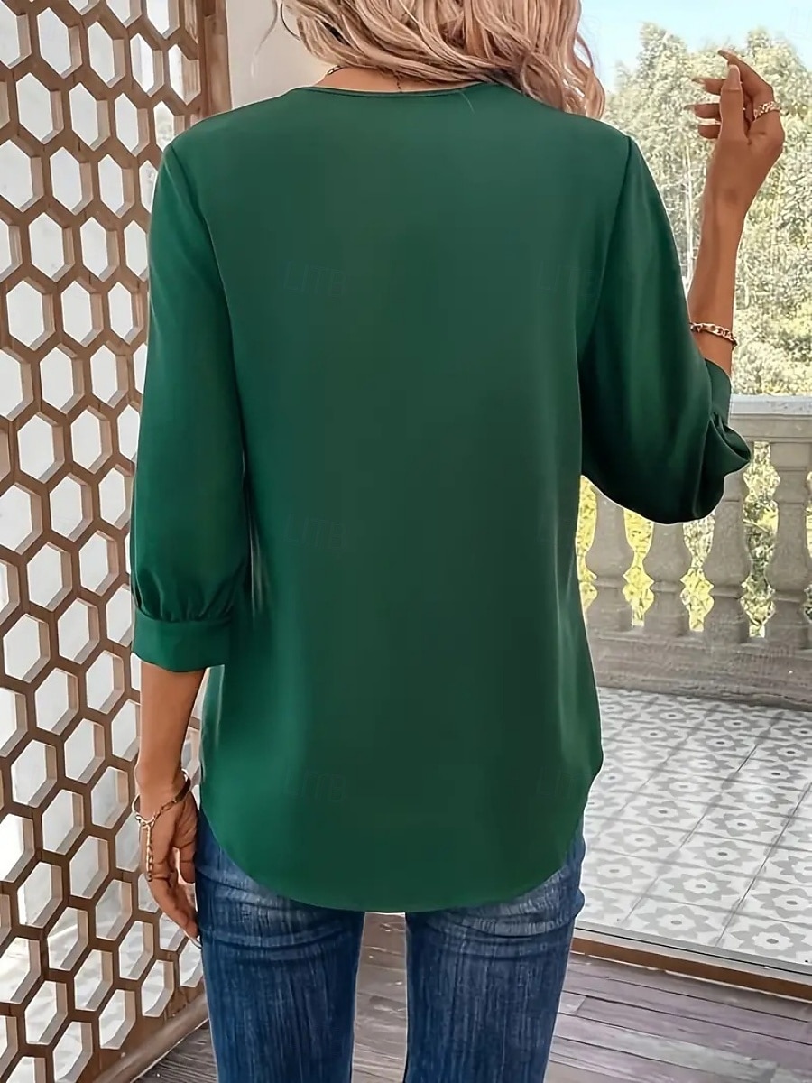 Mujer Blusa Color sólido Elegante Básico Casual Manga 3/4 Cuello Camisero Tops regulares Oficina Trabajo Negro Vino Verde Trébol Verano Primavera Otoño 2026 - $25.99 –P6
