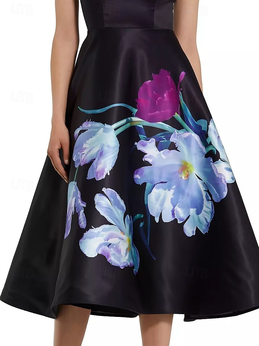 Abito nero a trapezio, abiti da cocktail eleganti, abito formale da sposa, lunghezza tè, lunghezza midi, maniche a cappuccio, scollo a barca, raso con stampa floreale 2025 del 2025 a $130.99 –P3