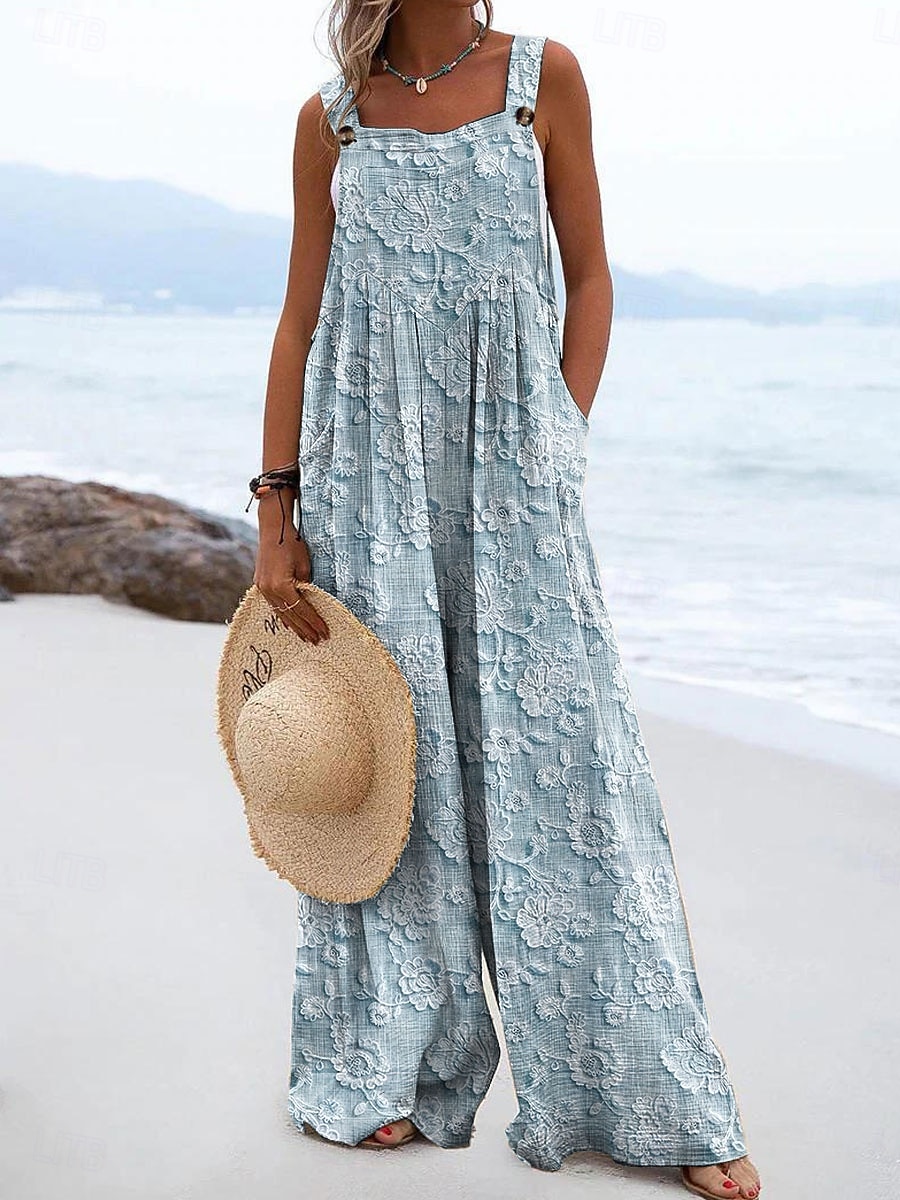 Dam Jumpsuits Aktiv Blommig Ärmlös Brett skaft Semester Gata Lös passning Blå Purpur Grön Sommar 2025 - $39.99 –P2