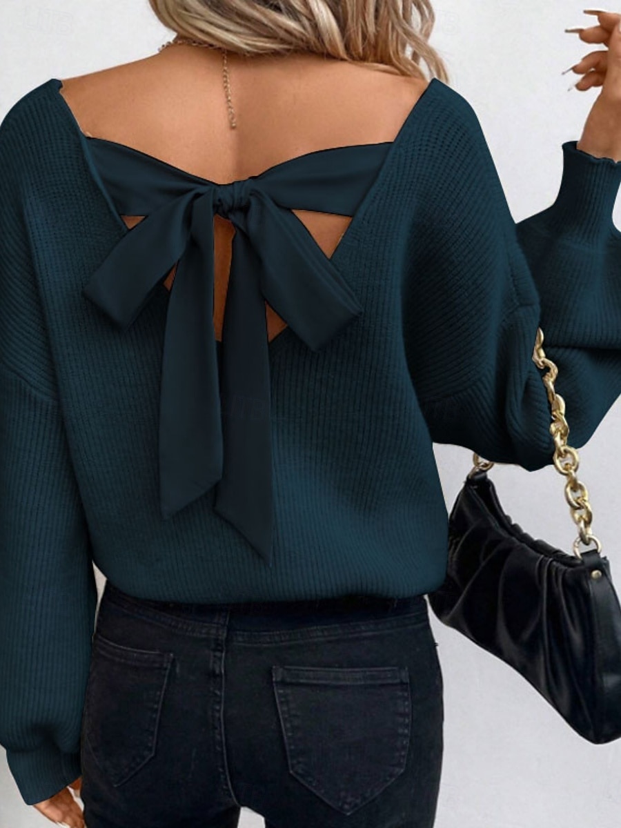 Naisten Neulos Vapaa-aika Pehmeä Puhdas väri Joustin V kaula-aukko Avoin selkä Kudottu Pitkähihainen Tavalliset topit Neuloa ulko- Päivittäin Viikonloppu Musta Laivastosininen Syksy Talvi 2026 - $51.99 –P12