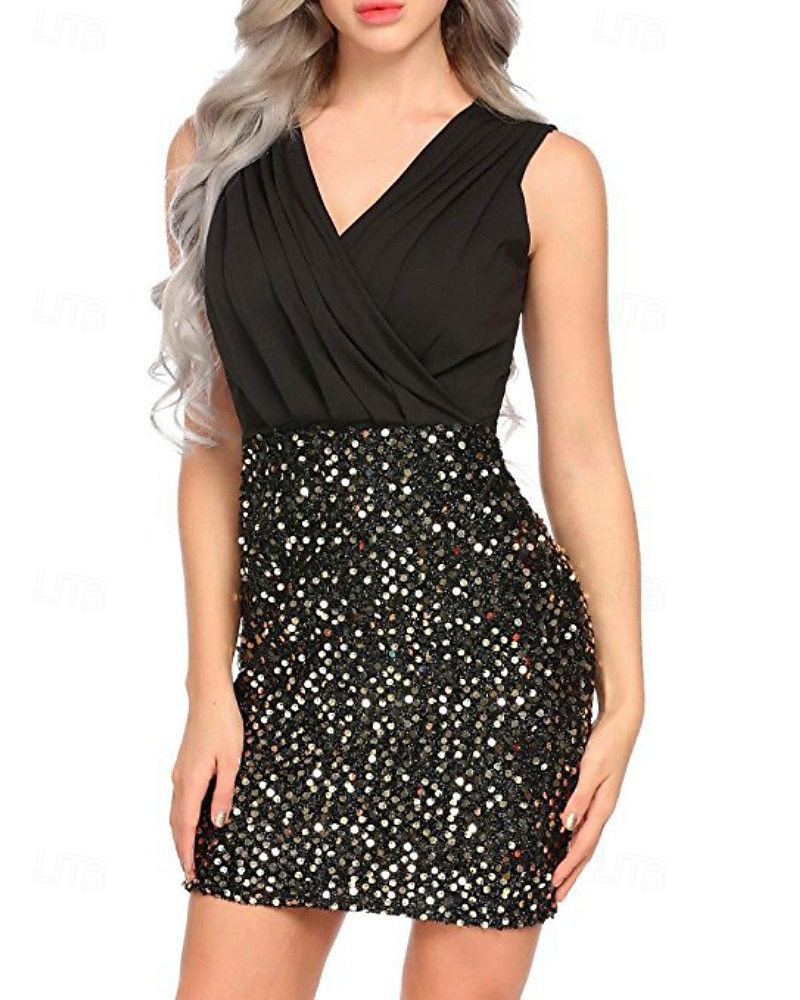 Dámské Mini šaty Flitrové šaty Šaty na párty Bodycon Módní Moderní Párty Koktejlový večírek Rande Běžný Barevné bloky Bez rukávů Do V Stříbrná Černá Zlatá Léto 2025 - $25.99 –P12