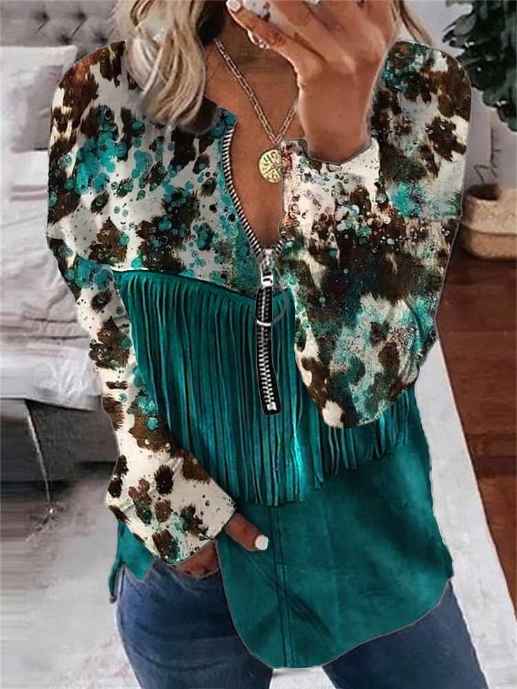 Dame Boho skjorte Bluse Batikkfarget Trykt mønster Daglig Stilfull Langermet Crew-hals Vanlige topper Daglig Ut på byen Trykt mønster Quarter Zip Lysebrun Blå Himmelblå Brun Vår Høst 2025 - $19.49 –P4