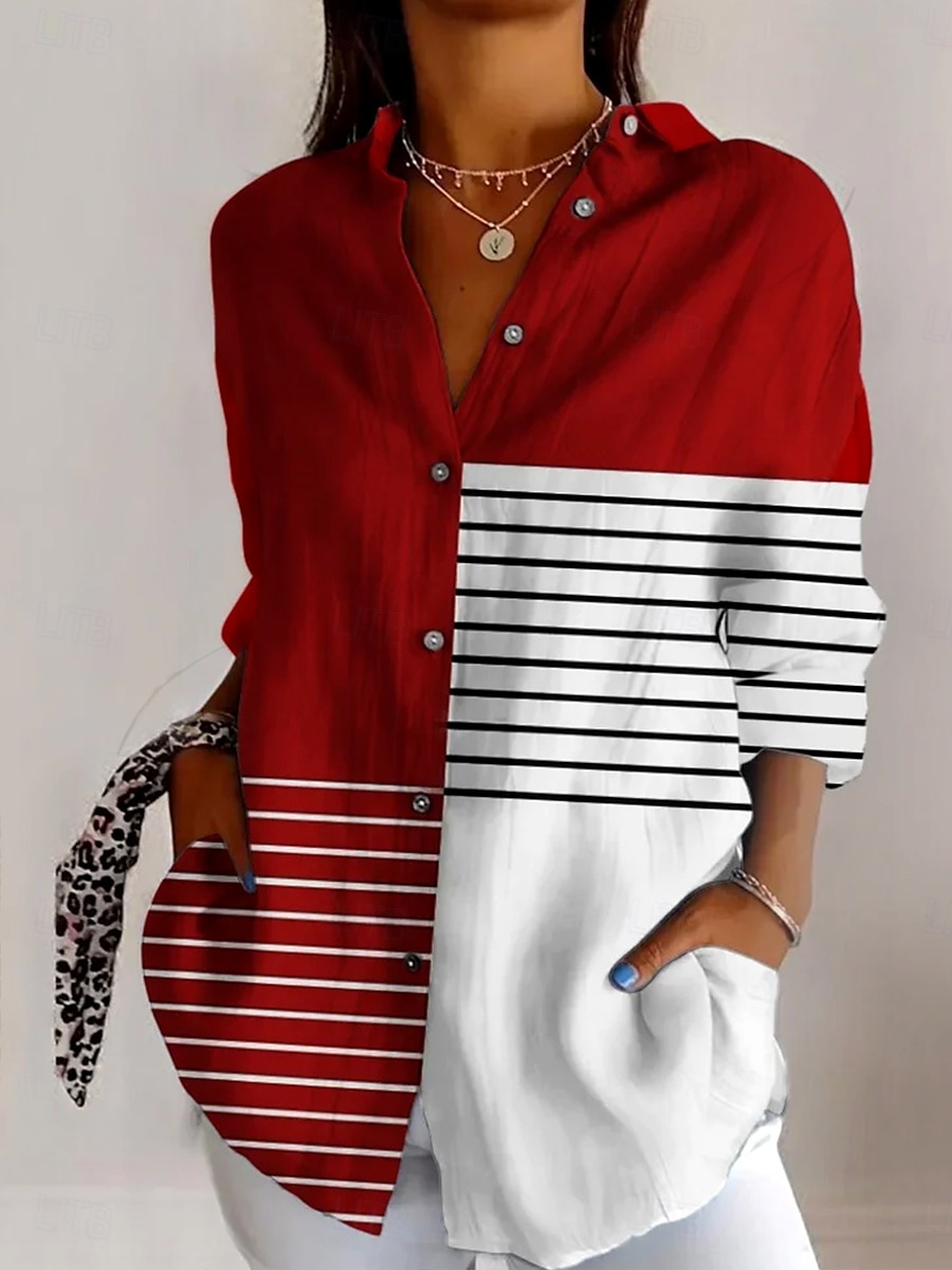 Femmes Chemise Graphique Géométrique Rayé ancien Tropical Quotidien manche longue Col de chemise Hauts Réguliers Travail Quotidien Fête Boutons Imprimé Vin Rouge Kaki Été Printemps Automne de 2025 ? $32.99 –P1