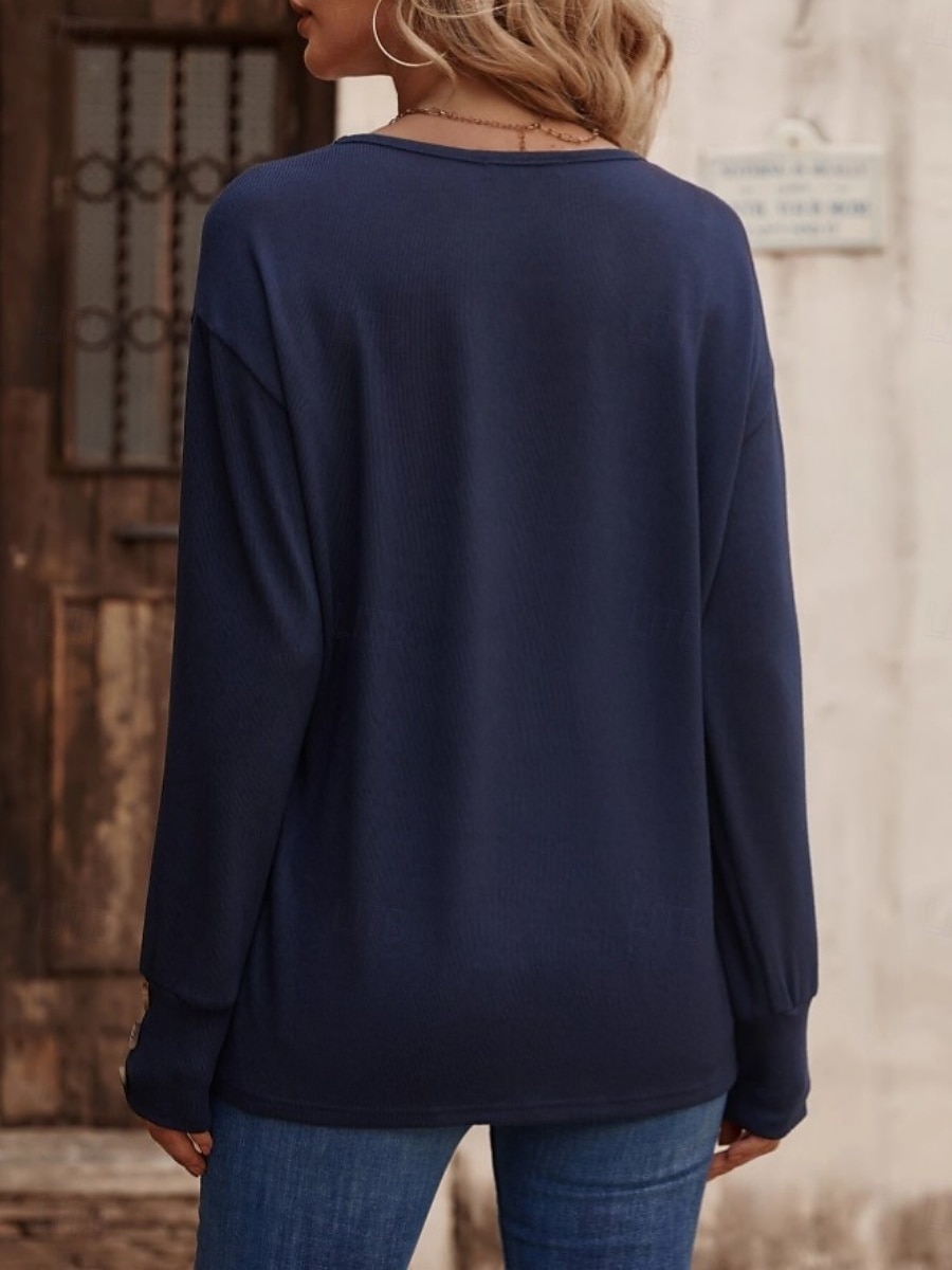 Dame Bluse Helfarge Stilfull Fritid Langermet V-hals Vanlige topper Daglig Knapper Svart Hvit Vin Militærgrønn Navyblå Sommer Vår 2025 - $18.99 –P17