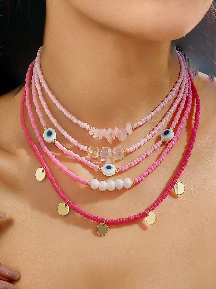 Women's Colorful Beaded Layered Necklace Set – Boho Evil Eye, Pearl, and Charm Accents – Adjustable Summer Jewelry for Teens and Young Women – Ideal for Beach, Festivals and Casual Wear 2025 - $14.99 –P2