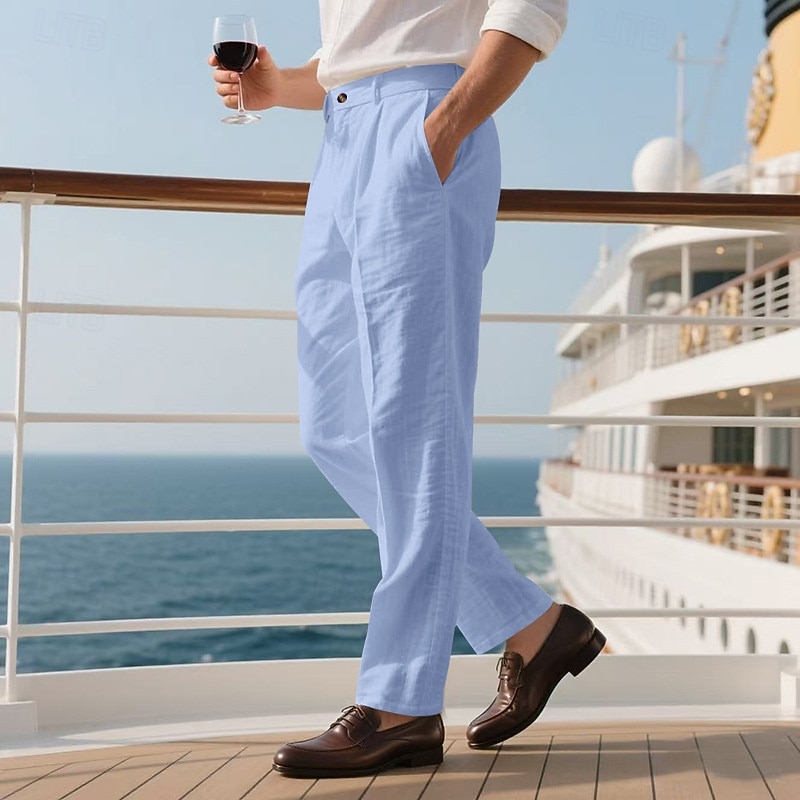 Men's Linen Pants Trousers Summer Pants Casual Pants Buttons Straight Leg Plain Comfort Breathable Full Length Party Business Holiday Fashion Streetwear Black White 2026 - $25.99 –P9