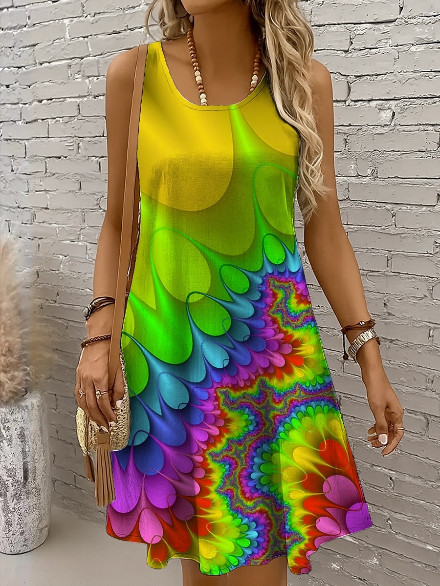 Per donna Mini Abito Abito a trapezio Abito a spalle scoperte Vacanza Casual Vestibilità regolare Ombre Grafico Astratto Senza Maniche Collo a U Giallo Rosso Blu reale Blu Estate Primavera del 2025 a $21.99 –P5