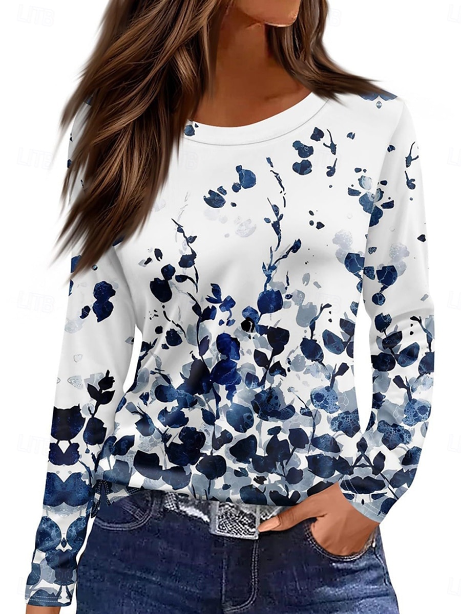 Pentru femei Tricou Floral Grafic Plante Epocă Stilat Clasic Manșon Lung Stil Nautic Rotund Topuri obișnuite Zilnic Imprimeu Alb Roz Îmbujorat Albastru piscină Vară Primăvară Toamnă 2025 - $22.99 –P3