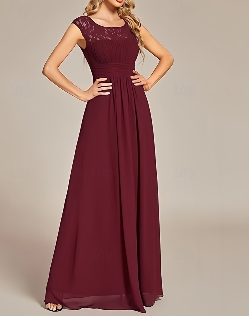 Abito da matrimonio A-Line per invitati Abito elegante per invitati al matrimonio Abito lungo senza maniche con scollo a girocollo in chiffon con pieghe arricciate del 2025 a $156.99 –P3