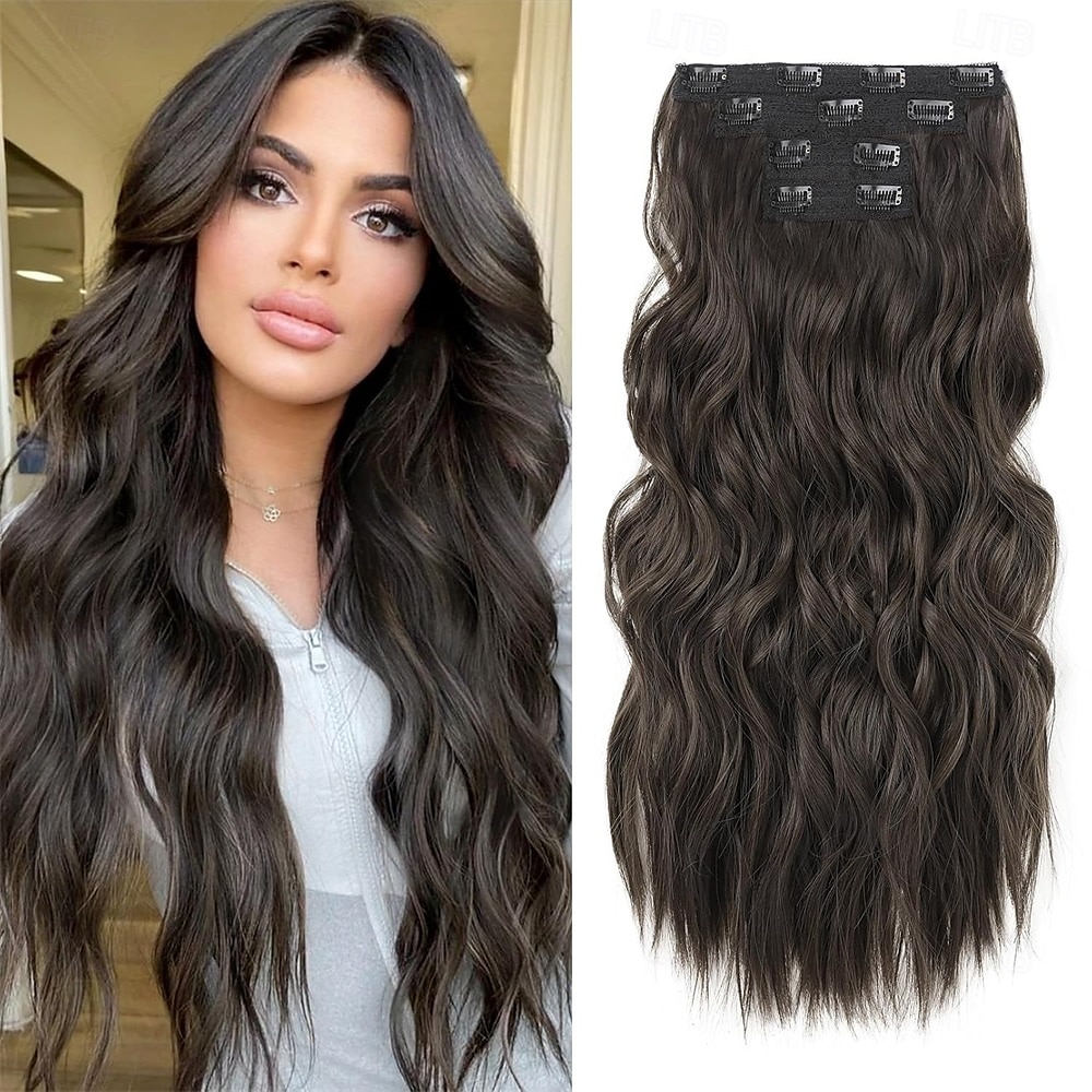 Extensiones de cabello con clip, 4 unidades, 24 unidades, ondas playeras largas y gruesas, trama de encaje invisible, rubio medio con reflejos rubios, HE003 2025 - $26.99 –P5