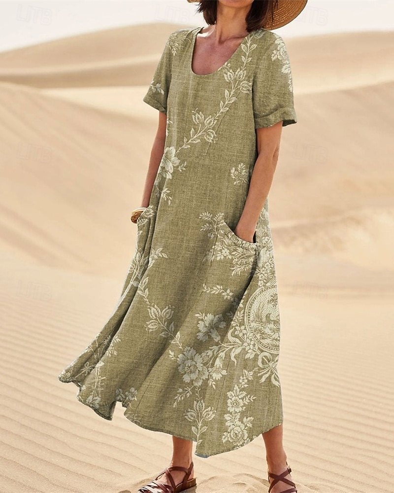 Dames Lange jurk maxi-jurk Casual jurk Swingjurk Zomerjurk Elegant Modieus Romantisch Buiten Feest Feestdagen Normale pasvorm Bloem Korte mouw Strakke ronde hals Geel Rood Groen Zomer 2026 - $28.99 –P1
