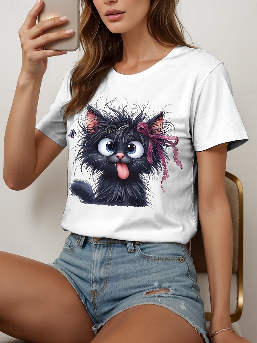 Femmes T-shirt Graphique Animal Chat ancien Élégant Classique Manche Courte Col ras du cou Col rond Hauts Réguliers Quotidien Week-end Imprimé Noir Blanche Rouge Bleu Violet Été Printemps de 2025 ? $19.99 –P1