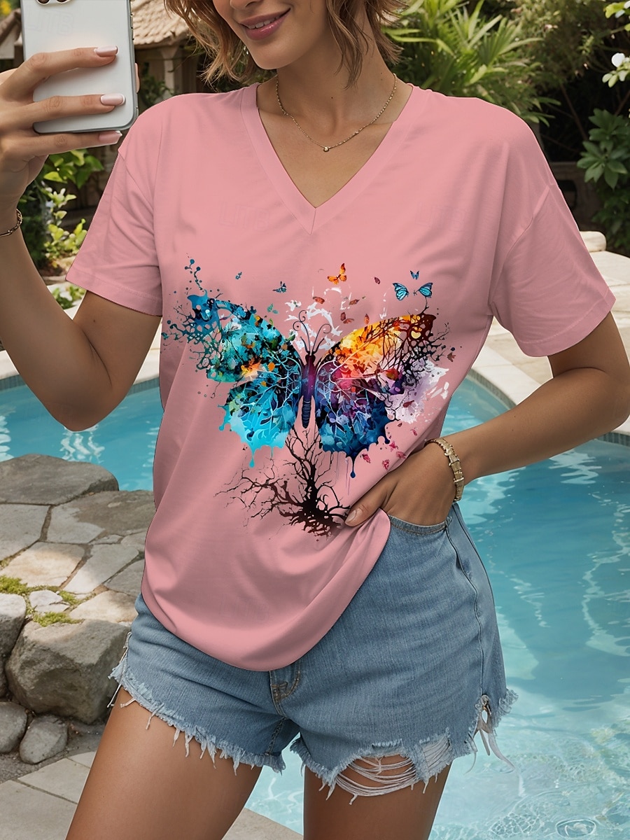 Pentru femei Tricou Grafic Animal Fluture Epocă Stilat Clasic Manșon scurt În V Topuri obișnuite Zilnic Ieșire Sfârșit de săptămână Imprimeu Negru Alb Galben Roz Îmbujorat Roșu-aprins Vară Primăvară 2025 - $19.99 –P7