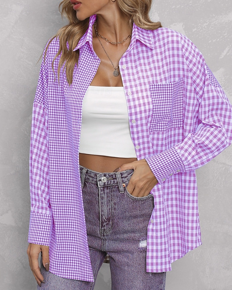 Per donna Camicia Blusa Plaid Moderno Casual Manica Lunga Colletto a Camicia Top Regolari Quotidiano Uscire Tasca Bottoni Viola Marrone Autunno del 2025 a $23.99 –P7