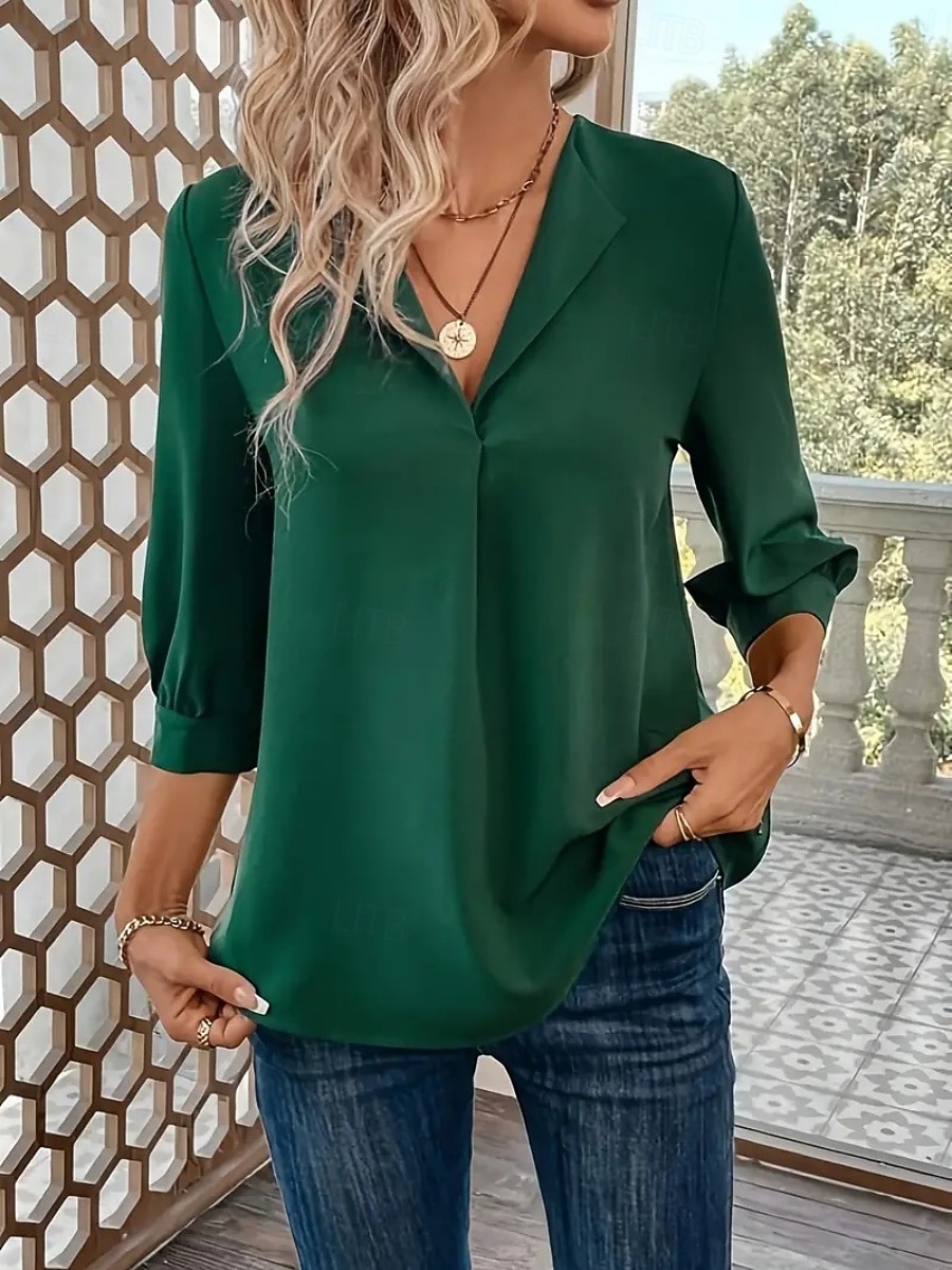 Mujer Blusa Color sólido Elegante Básico Casual Manga 3/4 Cuello Camisero Tops regulares Oficina Trabajo Negro Vino Verde Trébol Verano Primavera Otoño 2026 - $25.99 –P3