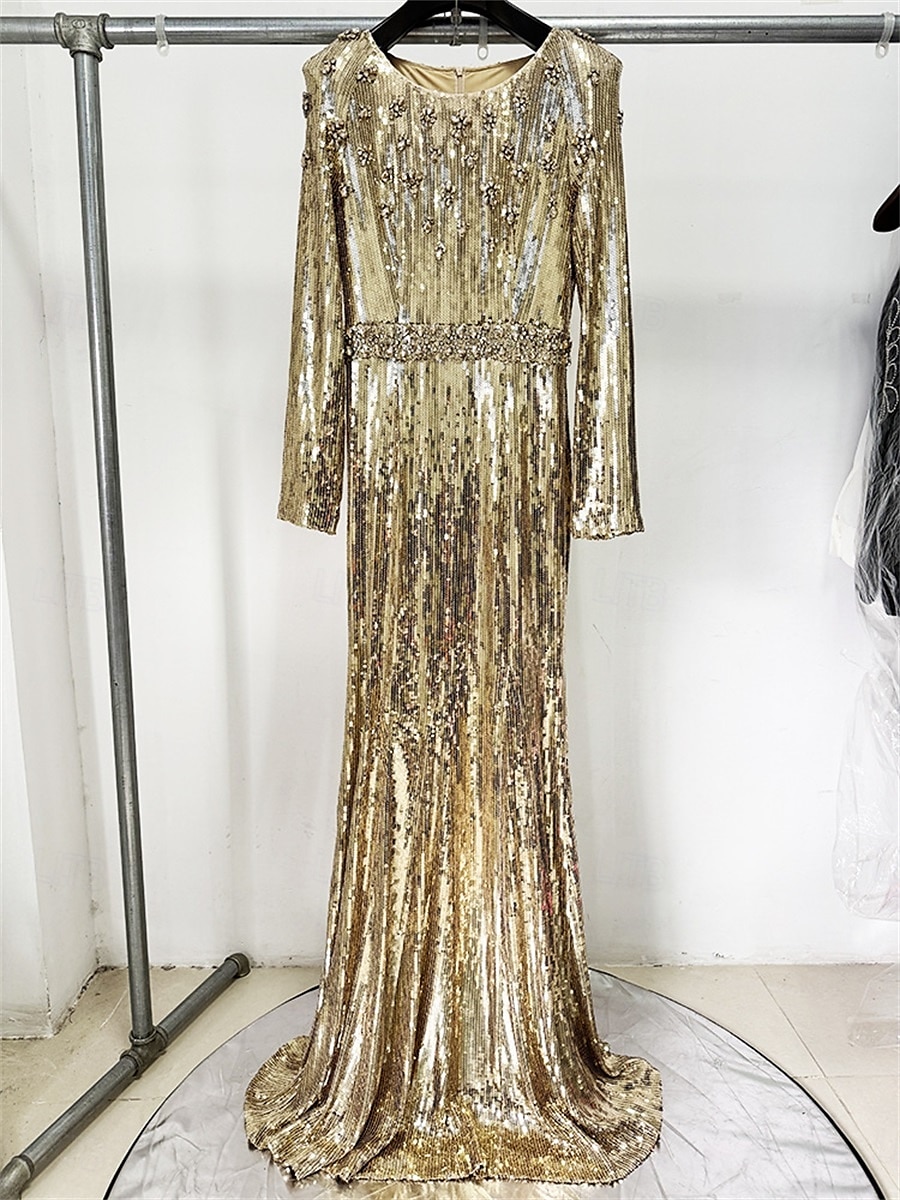 Robe Quinceanera Sirène  Trompette Robes Élégante Robe de Mariage Formelle Longueur Maxi Manches Longues Col Rond Pailletée avec Paillettes de 2025 ? $179.99 –P3