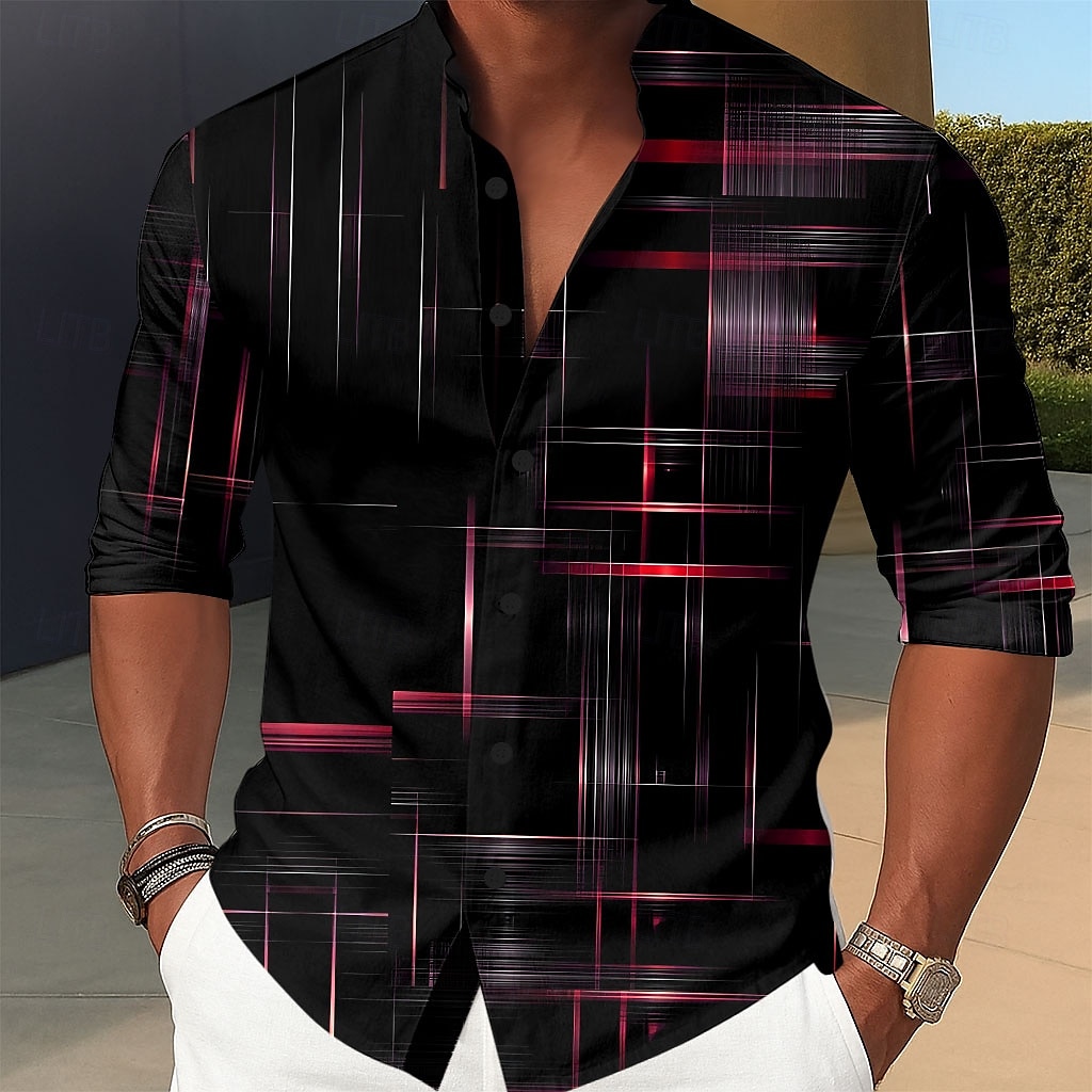 Herren Farbverlauf Linie Hemd Knopfhemd Stehkragenhemd Langarm Lässig Outdoor Urlaub Täglich Frühling Herbst Mandarinkragen Stehkragen 3D-Druck Leinenähnliches Hemd Rote Blau Purpur Gold Grün 2025 - $25.99 –P3