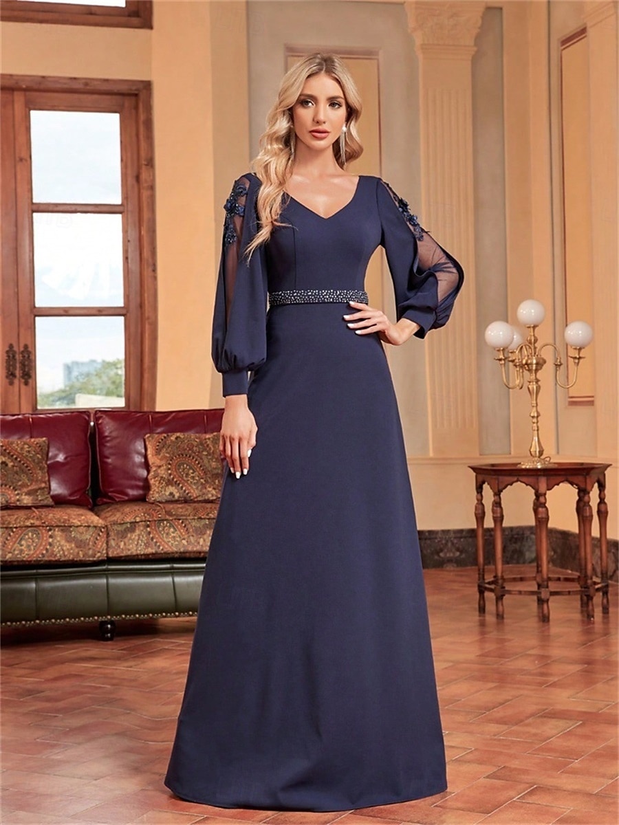 Abiti Quinceanera A-Line abito elegante formale da sposa lungo manica lunga scollatura a V in satin con perline del 2025 a $99.99 –P23