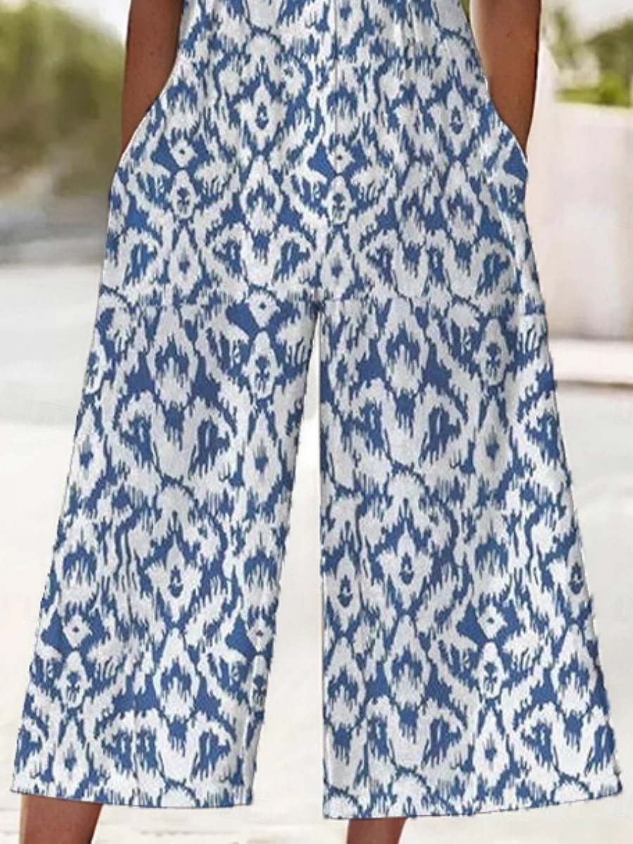 Femmes Normal Combinaison Actif Abstrait Demi Manches Jambe large Col rond Avec Poches Imprimé Vacances Quotidien Coupe régulière Bleu Été de 2025 ? $37.99 –P3