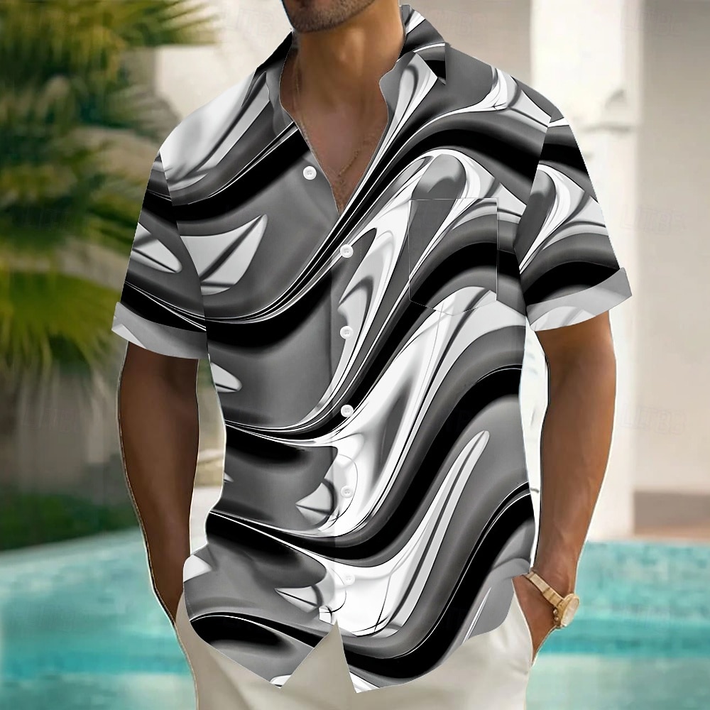 Men's Geometric Waves Shirt Summer Shirt Button Up Shirt Short Sleeve Fashion Casual Vacation Holiday Streetwear Summer Turndown 3D Print Front One Pocket Linen Like Shirt Yellow Blue Purple Green 2025 - $23.99 –P5