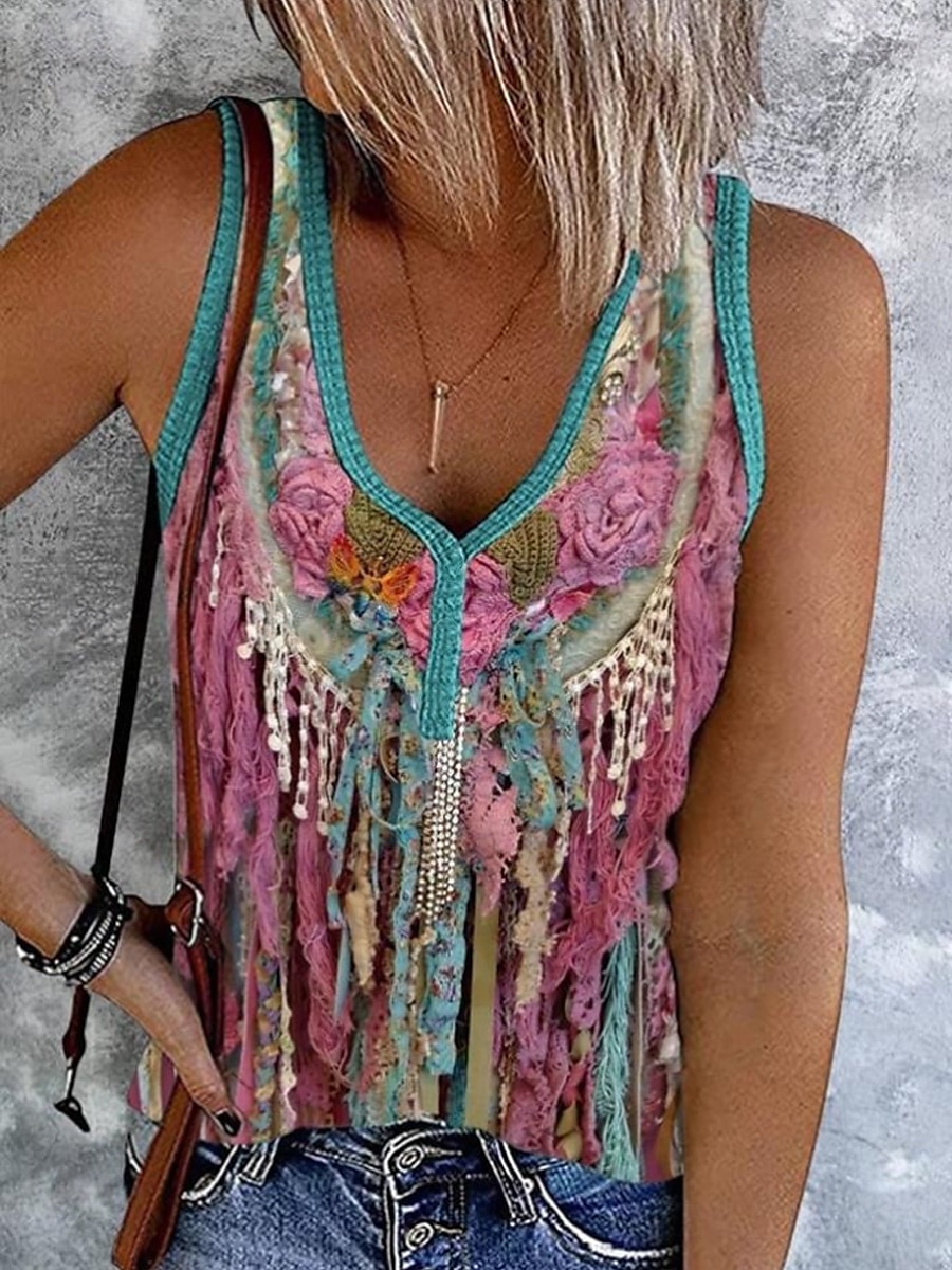 Per donna Canotta a canotta Grafico Blocco di colori Bohemien Elegante Retrò Vintage Senza Maniche Senza maniche Scollo a V Top corti Quotidiano Uscire Abbigliamento mare Stampato Nero Rosa Blu del 2025 a $17.99 –P1