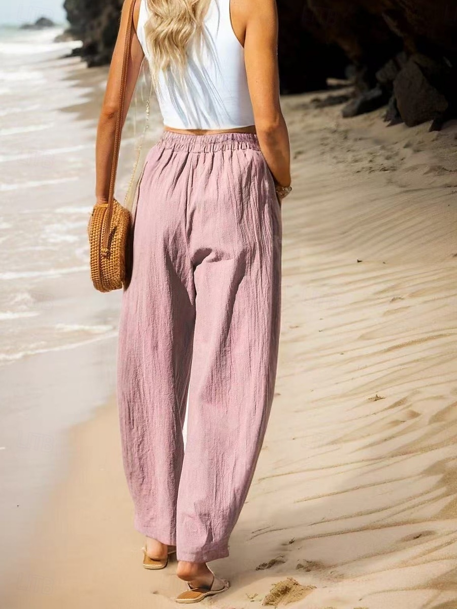 Damen Hose aus Baumwollleinen Basic Volle Länge Hohe Taille Einfach Tasche Komfort Außenbereich Mikroelastisch Urlaub Straße Lässig Schwarz Rosa Wein Marineblau Sommer Frühling Herbst Lässiger Schnitt 2025 - $23.99 –P11