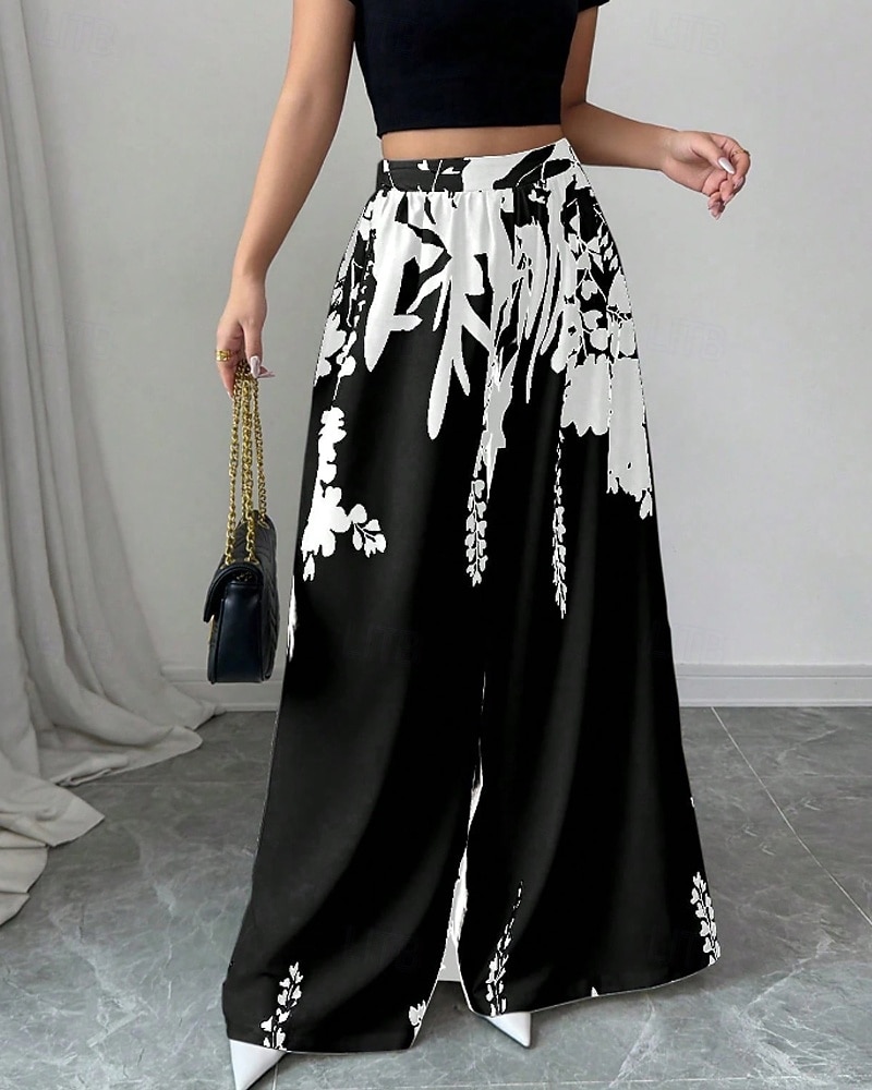 Women's Wide Leg Slacks Streetwear Casual Full Length Natural Flower Elastic Waist Printing Comfy Outdoor Comfortable Holiday Weekend Black White Fall Regular Fit 2026 - $24.99 –P5