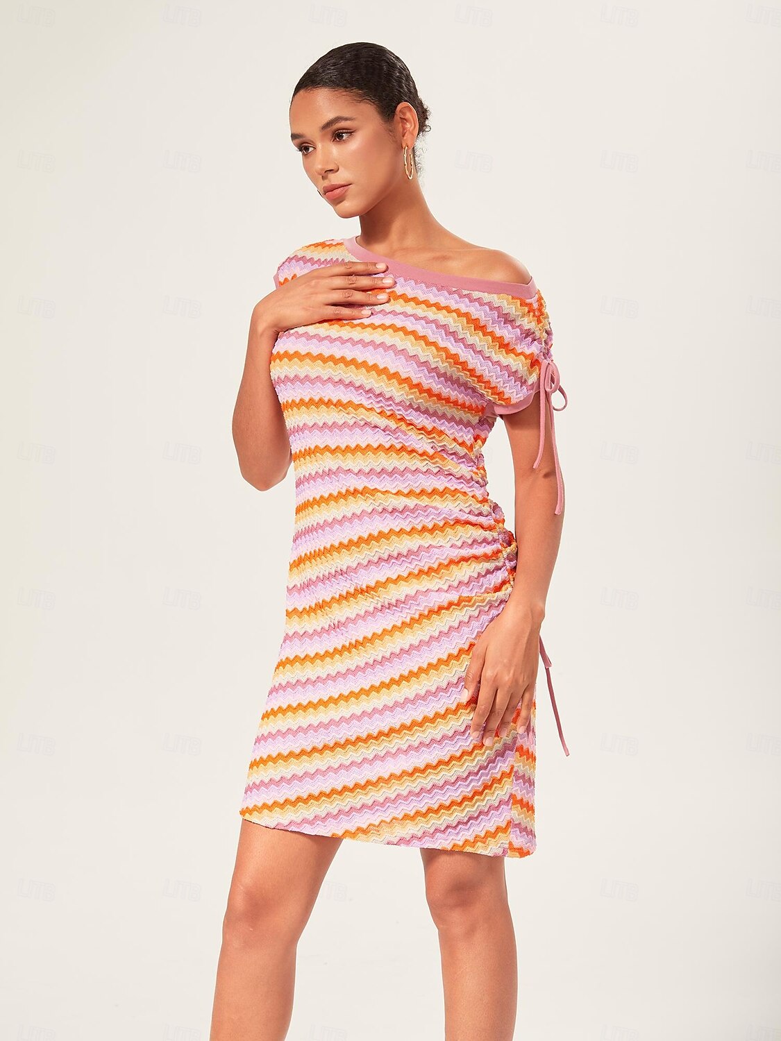 miniabito arancione elasticizzato in maglia arricciata del 2025 a $68.99 –P6