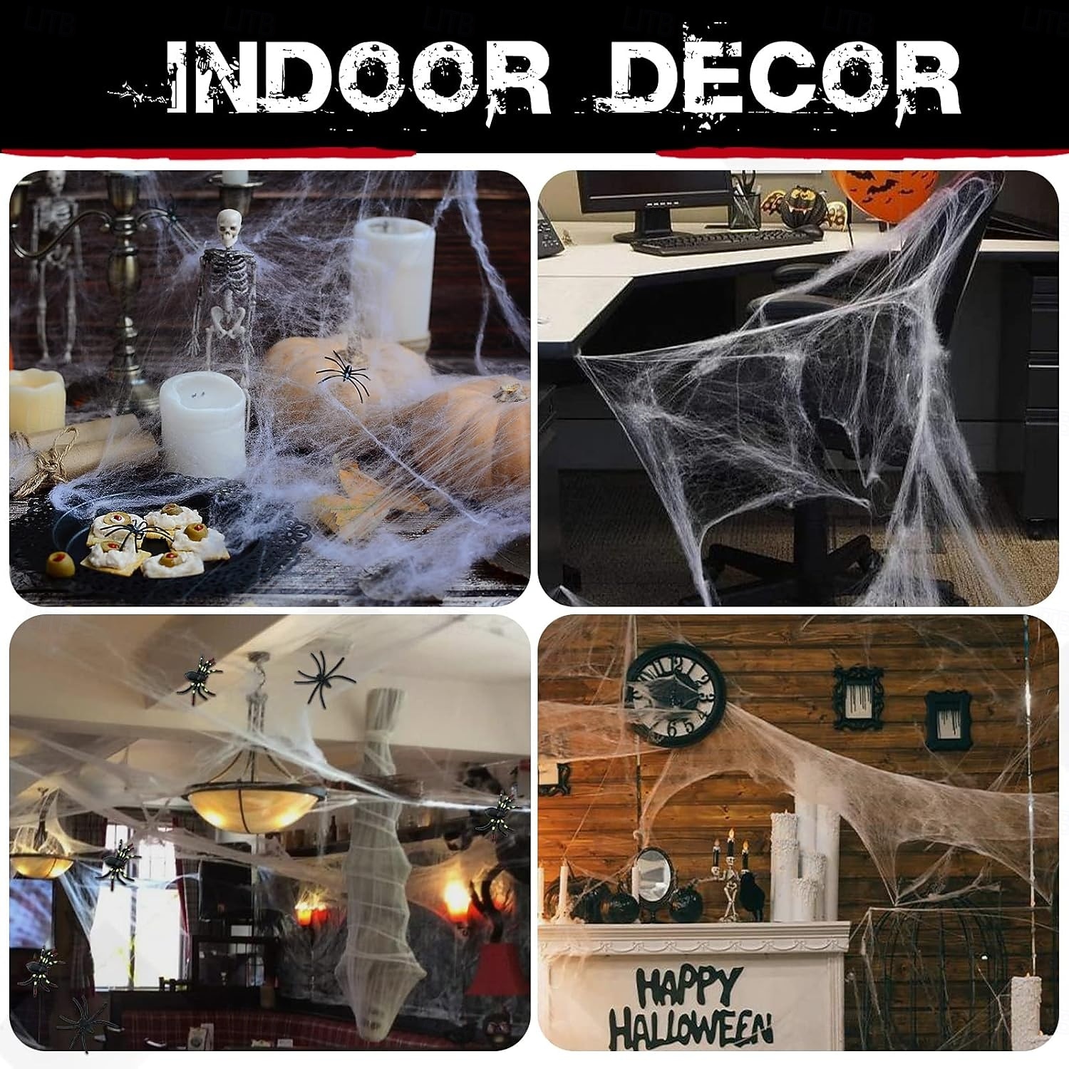 Halloweenské dekorace s pavučinami o rozloze 1200 čtverečních stop, bonus se 100 umělými pavouky, venkovní zahradní halloweenské dekorace, roztažitelné, DIY pavučiny, strašidelná atmosféra 2026 - $15.99 –P4