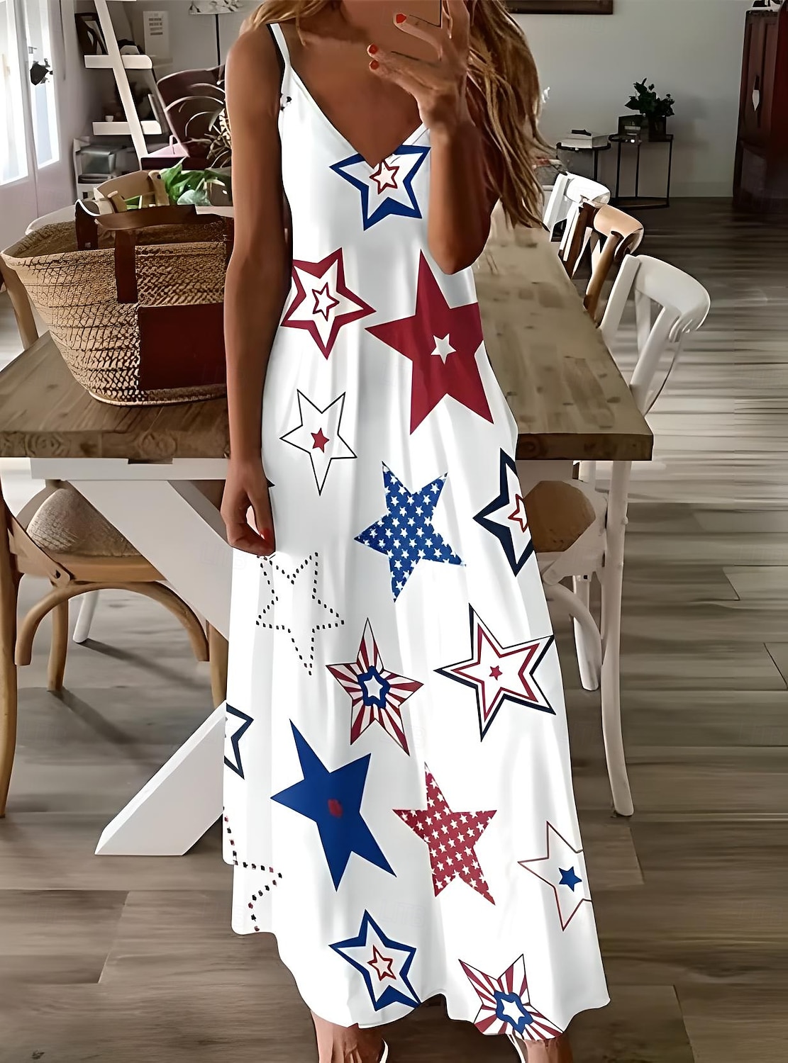 Independence Day Women's Patriotic Fourth of July Maxi Dress A Line Dress Slip Dress Vacation Casual Daily Holiday Graphic American Flag Sleeveless V Neck Spaghetti Strap White Red Sky Blue 2025 - GBP £25 –P2