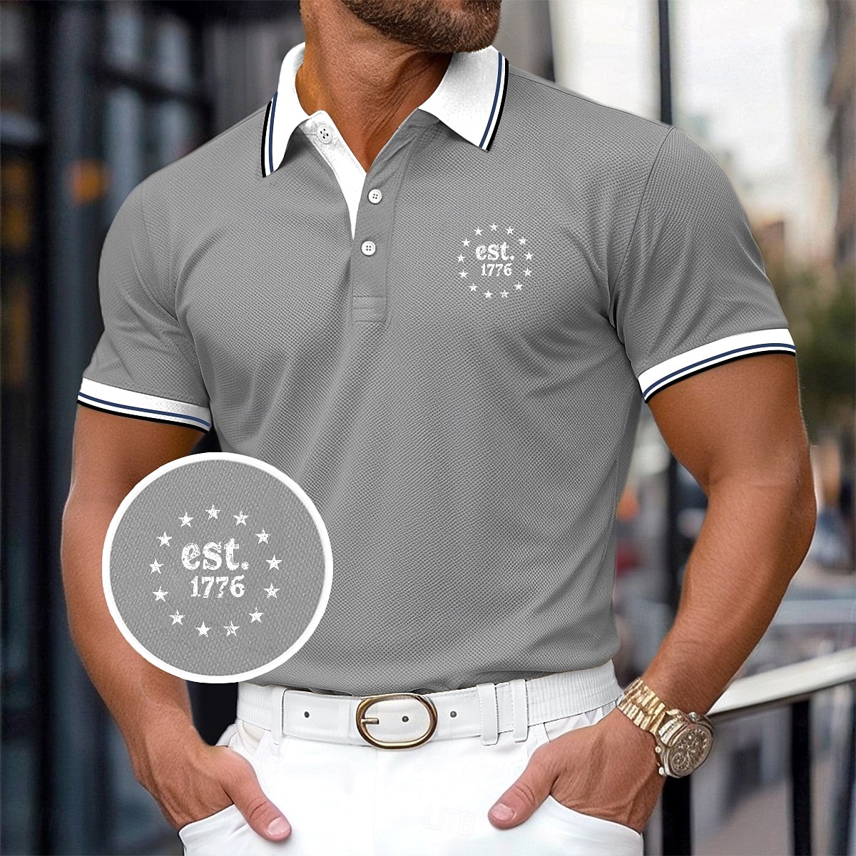 Férfi Golfing Hétköznapi Sport Hajtóka Bordás pólógallér Rövid ujjú Alap Modern Színes Sas Kollázs Gombok Nyár Sárga Rubin Sötétkék Szürke Golfing 2025 - $23.99 –P6