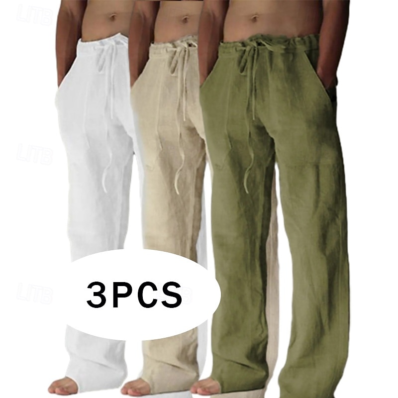 Homens Calças de linho Calças Calça verão Calças largas Calças de praia Bolsos Com Cordão Tecido Conforto Respirável Comprimento total Ioga Casual Diário Férias Estilo Clássico Khaki + Branco + Cinza de 2025 por $39.99 –P1