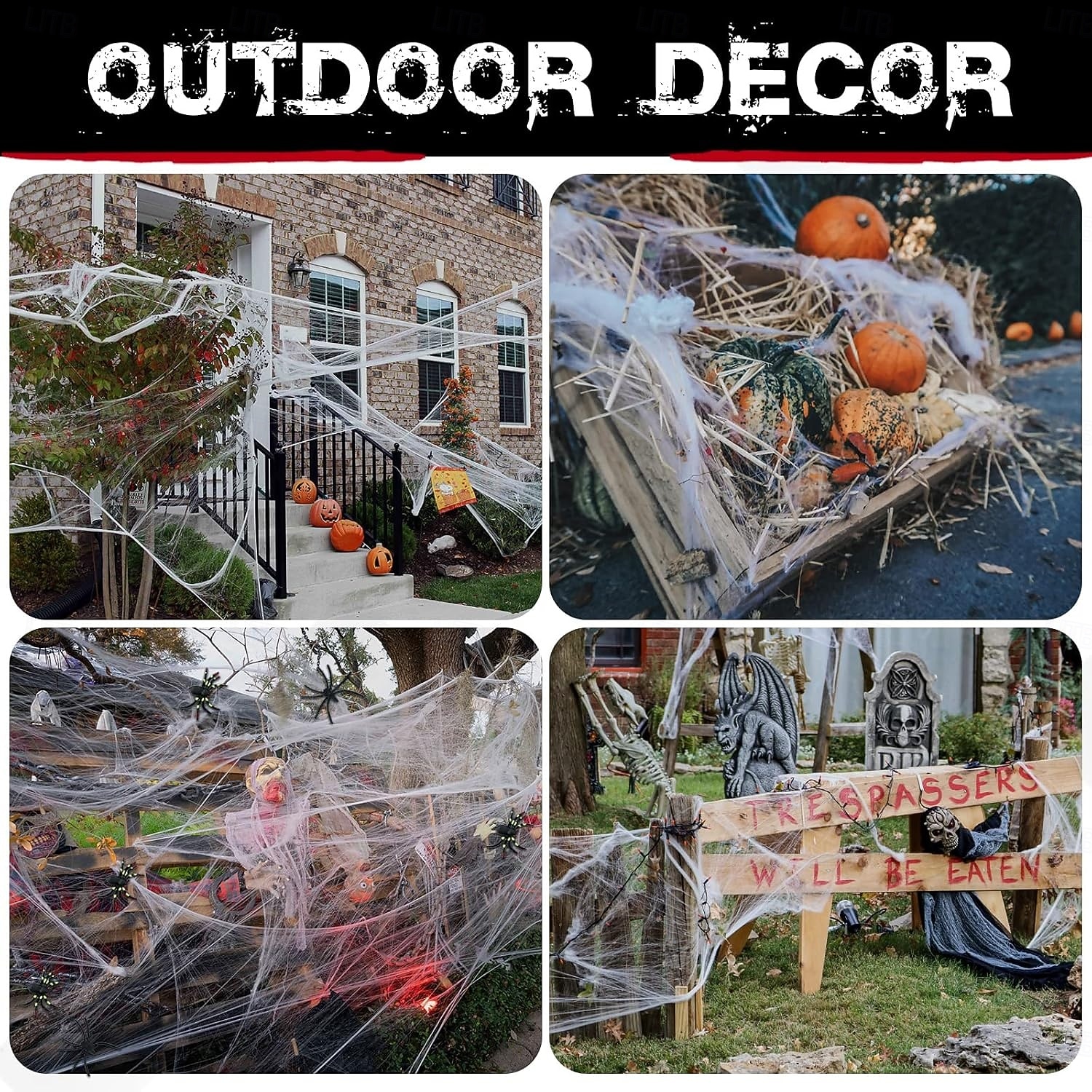 Halloweenské dekorace s pavučinami o rozloze 1200 čtverečních stop, bonus se 100 umělými pavouky, venkovní zahradní halloweenské dekorace, roztažitelné, DIY pavučiny, strašidelná atmosféra 2026 - $15.99 –P5