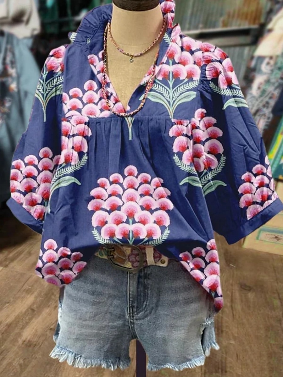 Dames Overhemd Bloemig Stijlvol Modern Boho Halve mouw V-hals Normale tops Dagelijks Feestdagen Afdrukken Blozend Roze Marineblauw blauw Groen Khaki Zomer 2025 - $22.99 –P1