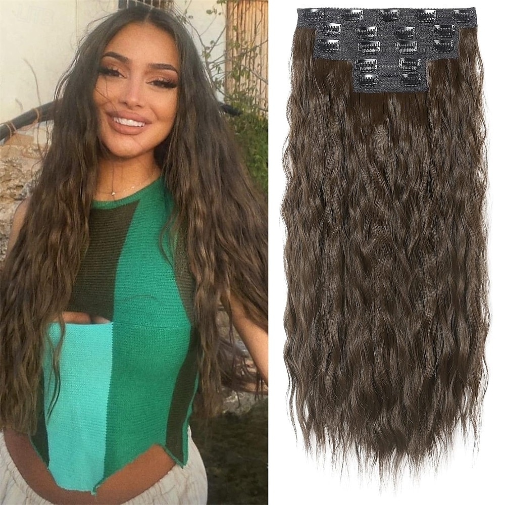 extensões de cabelo clip in 5 peças extensões de cabelo castanho 24 extensões de cabelo longas e grossas ondas soltas he002 trama de renda invisível apliques naturais macios para mulheres castanho de 2025 por $26.99 –P3