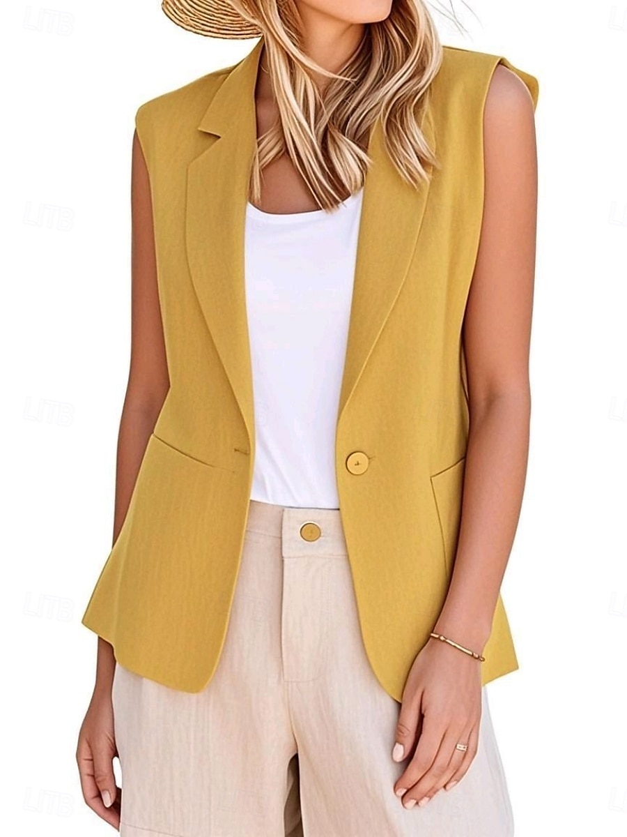 Mujer Chaleco chaqueta Cómodo Transpirable Bolsillo Moderno Casual Plano Oficina Calle Casual Ropa Cotidiana Botonadura Simple Regular Escote en Pico Ajuste regular Sin Mangas Ropa de calle Negro 2025 - $24.99 –P4