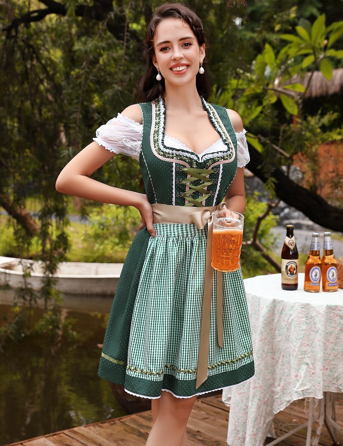 Kvinnens Oktoberfest dirndl kjole snøring satengbånd rutete ølfestival forkle tradisjonell kjole Oktoberfest 2025 - $73.99 –P5