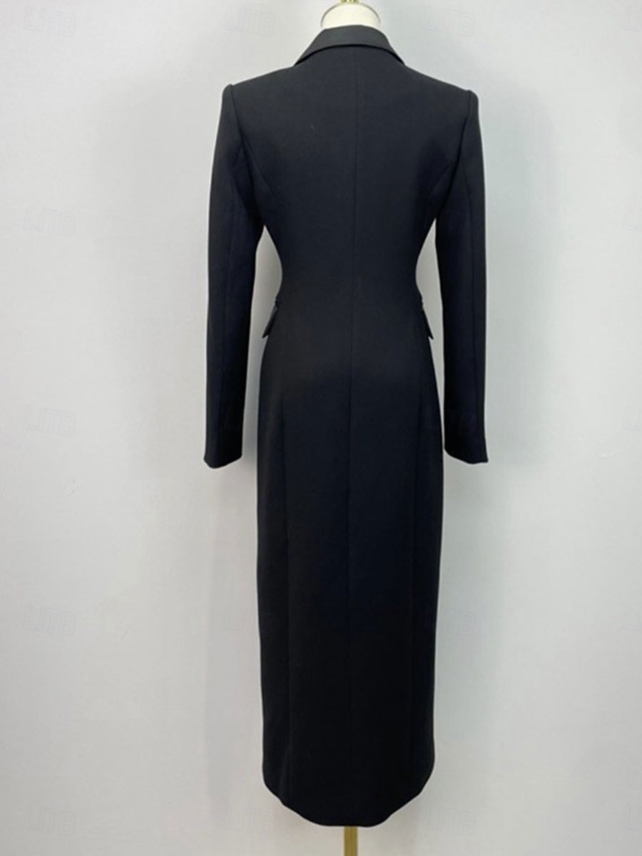 Smokingkleid Mantel Formell Hochzeitsgast Formeller Abend Satin Elegant Langarm Knöchellänge Hemdkragen Doppelreihig 2025 - $149.99 –P6