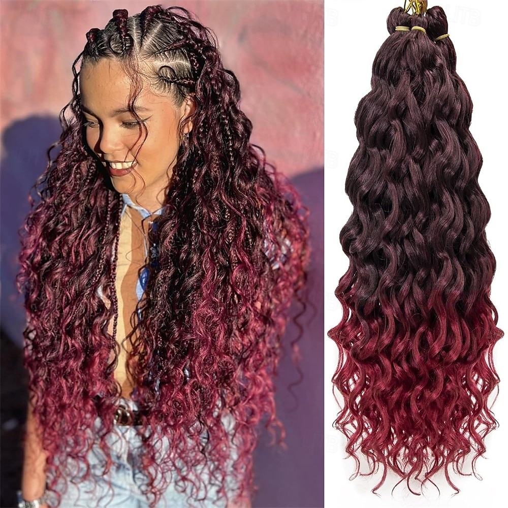 Capelli ricci e ondulati all'uncinetto, 24 pollici, per donne, con trecce hawaiane bordeaux, capelli sintetici, treccia bohémien all'uncinetto, extension per capelli all'uncinetto con onde d'acqua. del 2025 a $49.99 –P1