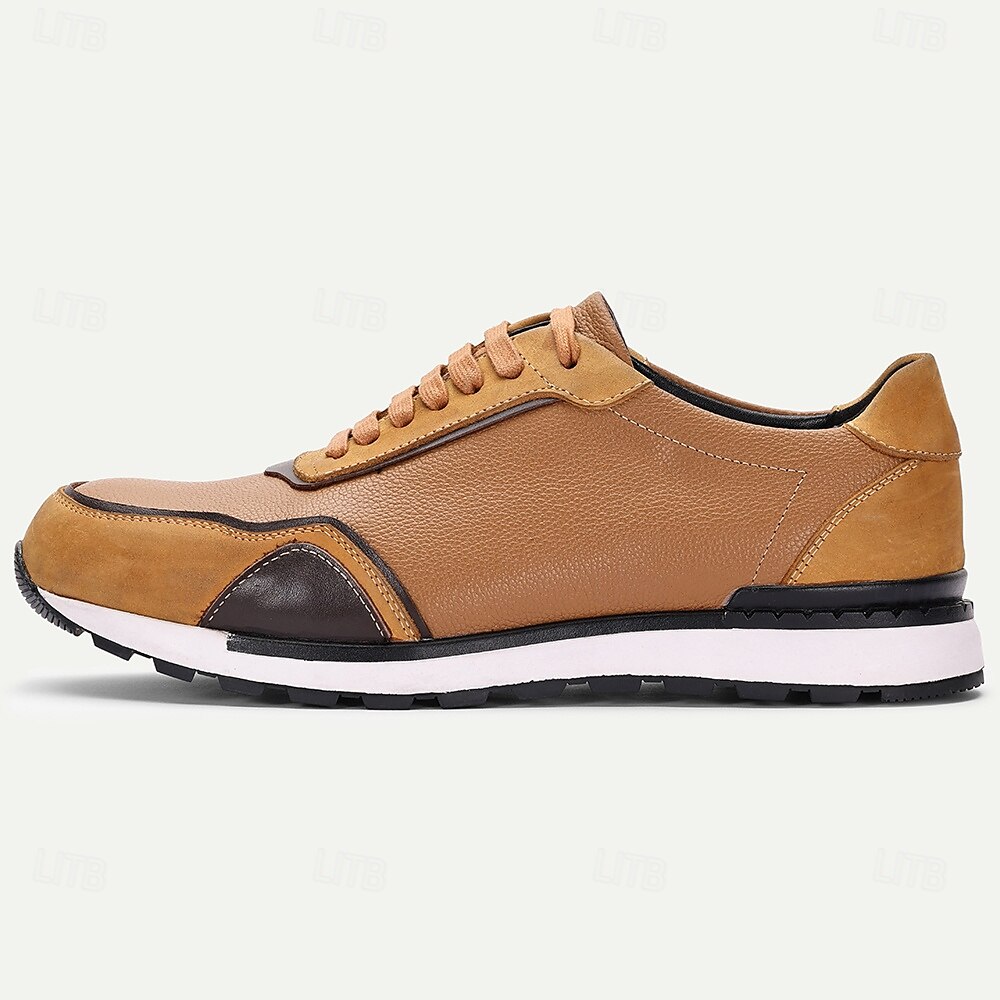 Herrsneakers i brunt läder, avslappnad, lätt, atletiskt inspirerad design med vadderad sula, perfekt för promenader, resor och helgutflykter 2025 - $109.99 –P3